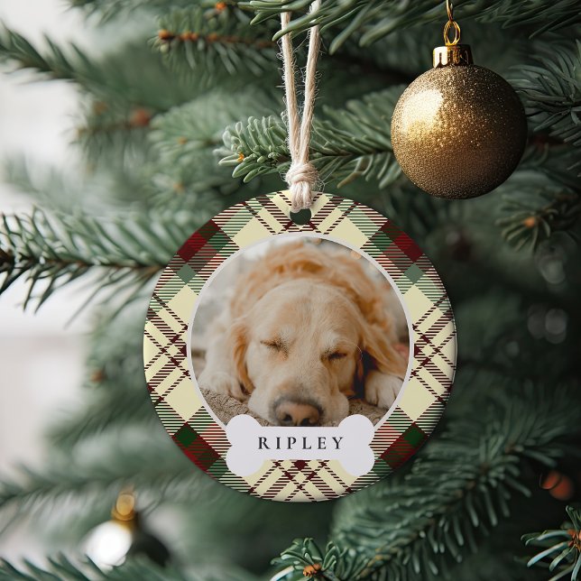 Classic Plaid Personalised Pet Dog Photo & Name Ceramic Tree Decoration (Creator Uploaded)