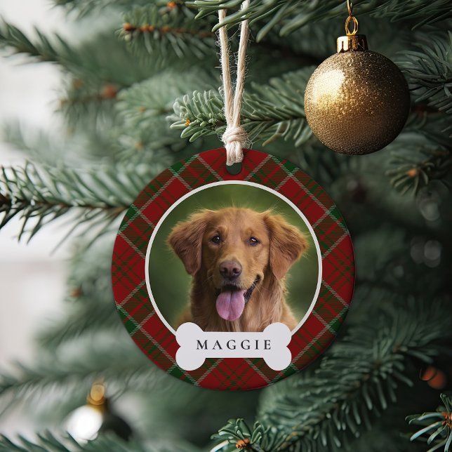 Classic Plaid Personalised Pet Dog Photo & Name Ceramic Tree Decoration (Creator Uploaded)