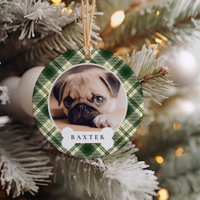 Classic Plaid Personalised Pet Dog Photo & Name Ceramic Tree Decoration (Creator Uploaded)