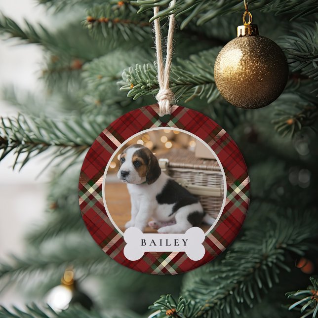 Classic Plaid Personalised Pet Dog Photo & Name Ceramic Tree Decoration (Creator Uploaded)