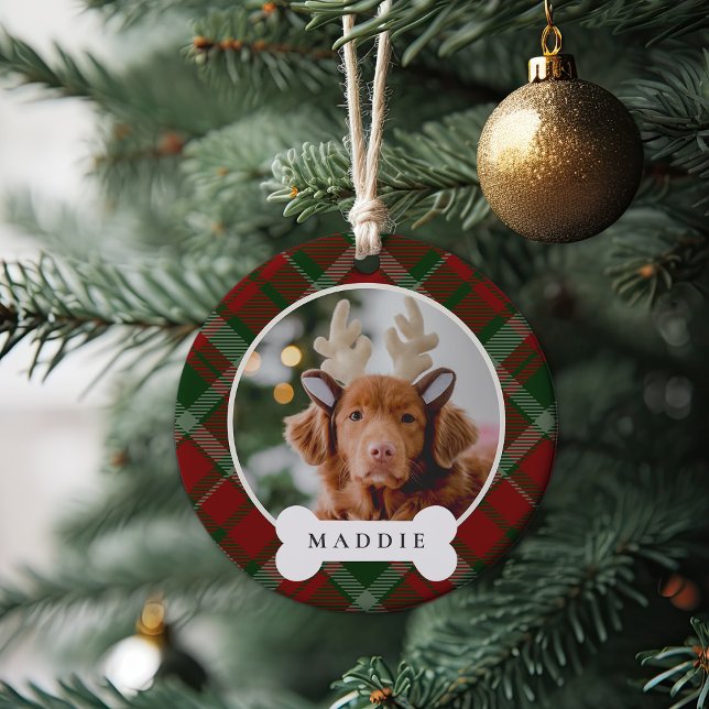 Classic Plaid Personalised Pet Dog Photo & Name Ceramic Tree Decoration (Creator Uploaded)