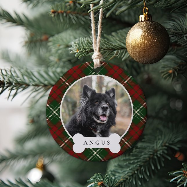 Classic Plaid Personalised Pet Dog Photo & Name Ceramic Tree Decoration (Creator Uploaded)