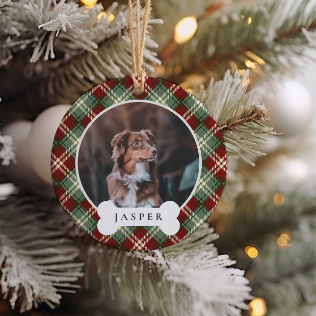 Classic Plaid Personalised Pet Dog Photo & Name Ceramic Tree Decoration (Creator Uploaded)