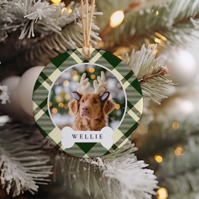 Classic Plaid Personalised Pet Dog Photo & Name Ceramic Tree Decoration (Creator Uploaded)