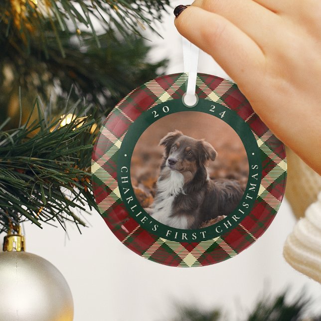 Classic Plaid Pet's First Christmas Photo Glass Tree Decoration (Creator Uploaded)