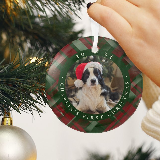 Classic Plaid Pet's First Christmas Photo Glass Tree Decoration (Creator Uploaded)