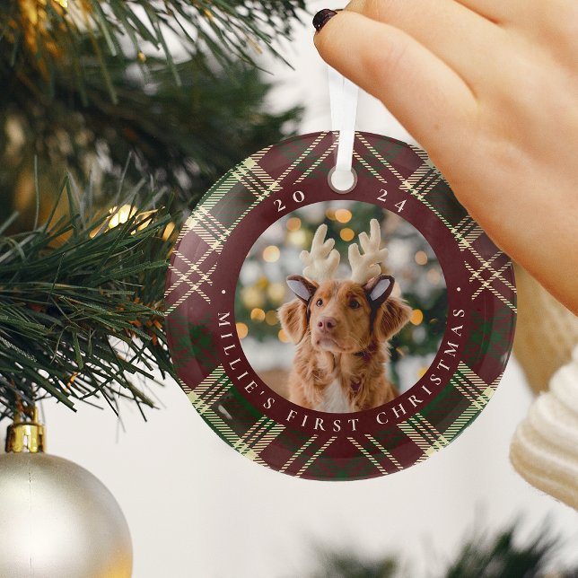 Classic Plaid Pet's First Christmas Photo Glass Tree Decoration (Creator Uploaded)