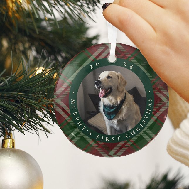Classic Plaid Pet's First Christmas Photo Glass Tree Decoration (Creator Uploaded)