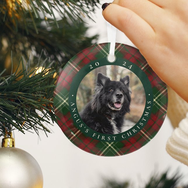 Classic Plaid Pet's First Christmas Photo Glass Tree Decoration (Creator Uploaded)
