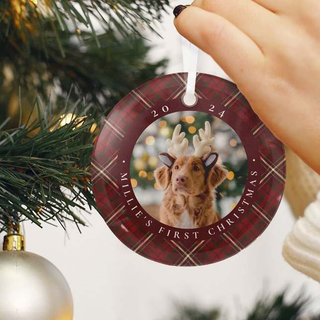 Classic Plaid Pet's First Christmas Photo Glass Tree Decoration (Creator Uploaded)