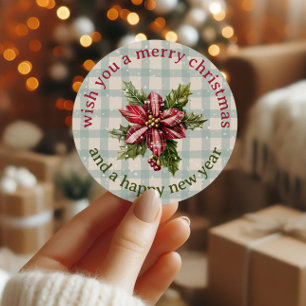 Classic Plaid Poinsettia Floral Merry Christmas Classic Round Sticker
