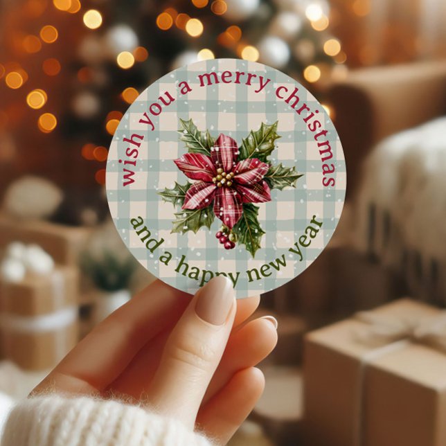 Classic Plaid Poinsettia Floral Merry Christmas Round Sticker (Creator Uploaded)