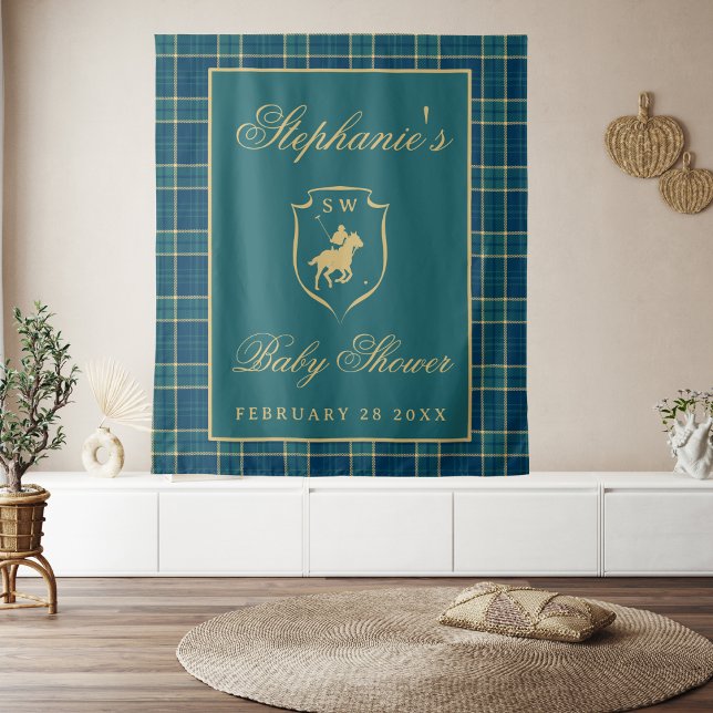 Classic Plaid Polo Equestrian Baby Shower Backdrop Tapestry (Creator Uploaded)