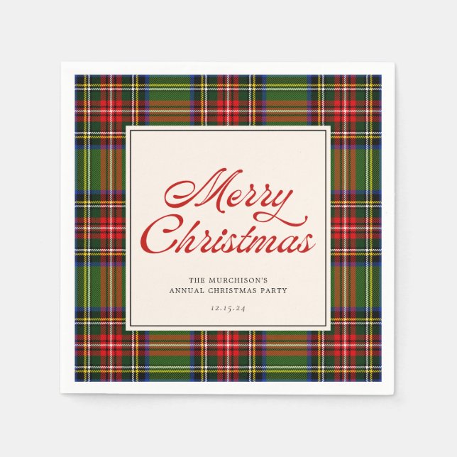 Classic Plaid Retro Script Merry Christmas Party Napkin (Front)