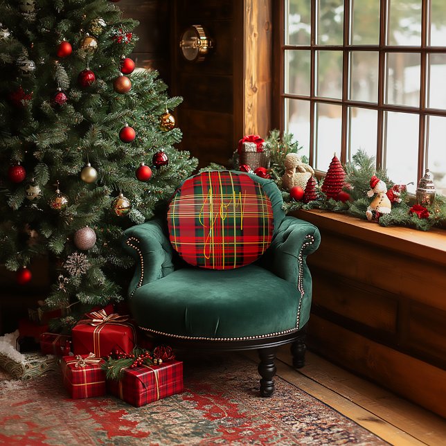 Classic Plaid Tartan 'Joy' Calligraphy Decorative  Round Cushion (Stylish Classic Christmas Red and Green Tartan Joy Pillow )