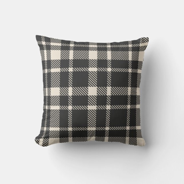 Classic Plaid Tartan Pattern-Black & Off-White Cushion (Front)
