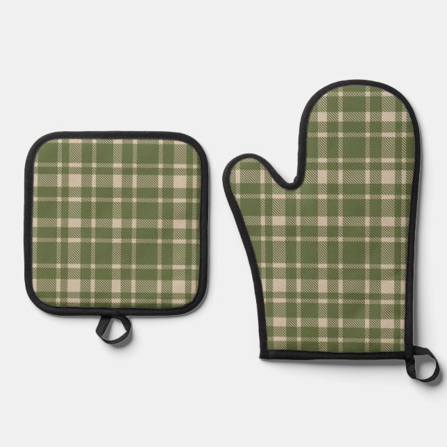 Classic Plaid Tartan Pattern-Olive Green & Cream Oven Mitt & Pot Holder Set (Front)