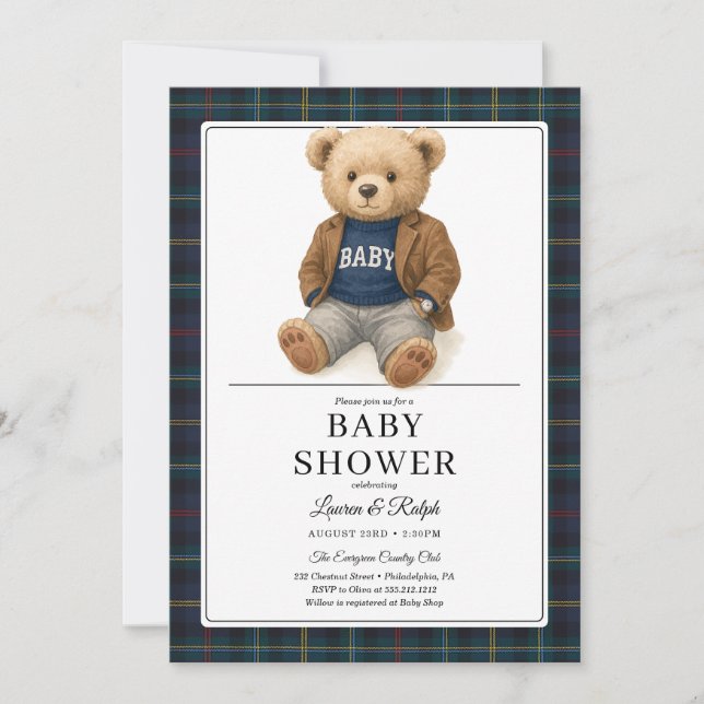 Classic Plaid Teddy Bear Baby Shower Invitation (Front)