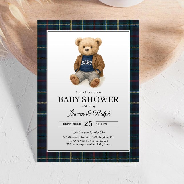 Classic Plaid Teddy Bear Lauren Baby Shower Invitation (Creator Uploaded)