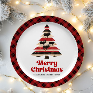 Classic Plaid Tree Christmas Custom Name Paper   Plate