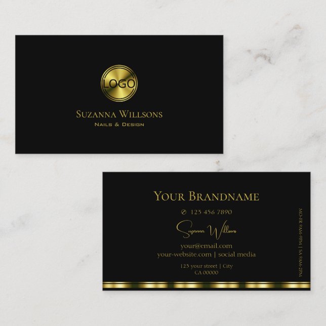 Classic Plain Black and Gold with Logo Stylish Business Card (Front/Back)