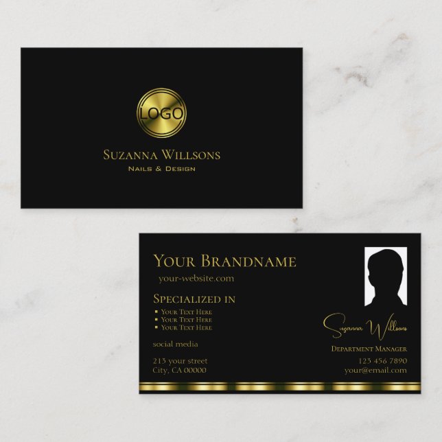 Classic Plain Black Gold with Logo and Photo Chic Business Card (Front/Back)
