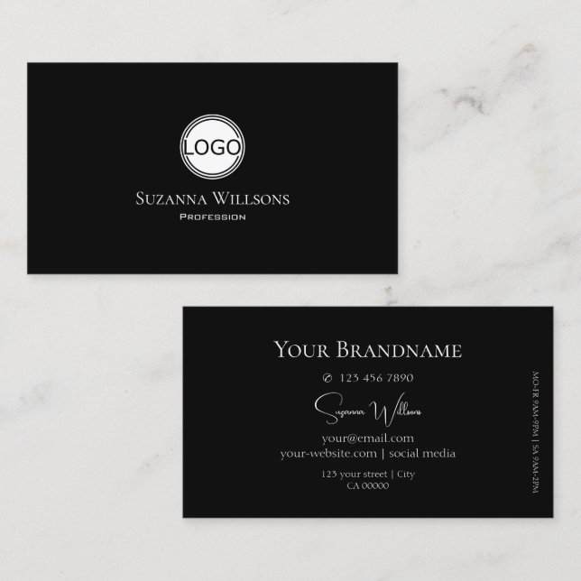 Classic Plain Black with White Circle and Logo Business Card (Front/Back)