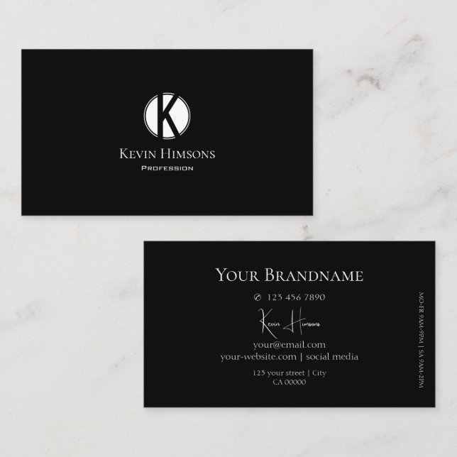 Classic Plain Black with White Circle and Monogram Business Card (Front/Back)