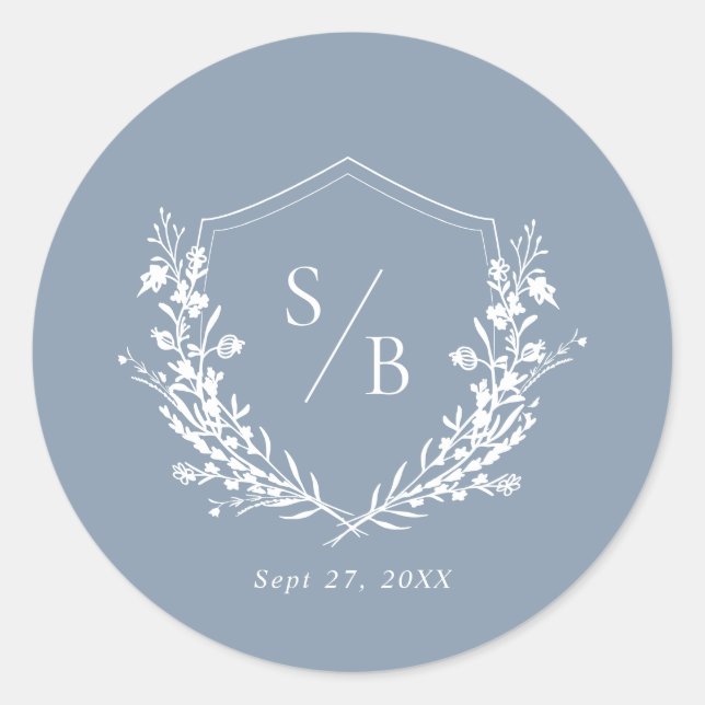 Classic Plain Dusty Blue Monogram Crest Wedding Classic Round Sticker (Front)