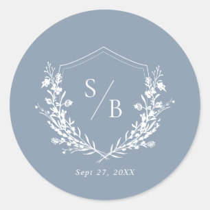 Classic Plain Dusty Blue Monogram Crest Wedding Round Sticker
