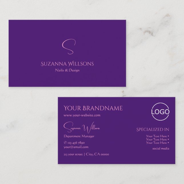 Classic Plain Royal Purple with Monogram and Logo Business Card (Front/Back)