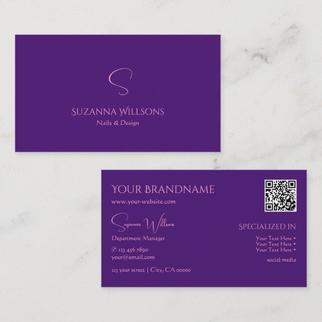 Classic Plain Royal Purple with Monogram QR-Code Business Card (Front/Back)