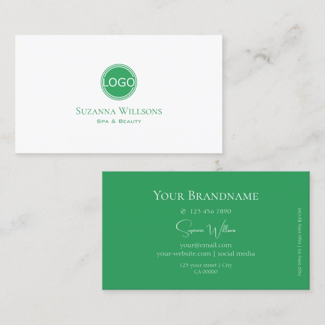Classic Plain White and Sea Green with Logo Modern Business Card (Front/Back)