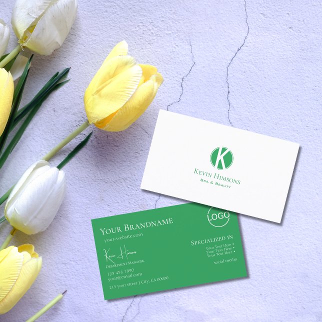 Classic Plain White Green with Monogram and Logo Business Card (Creator Uploaded)