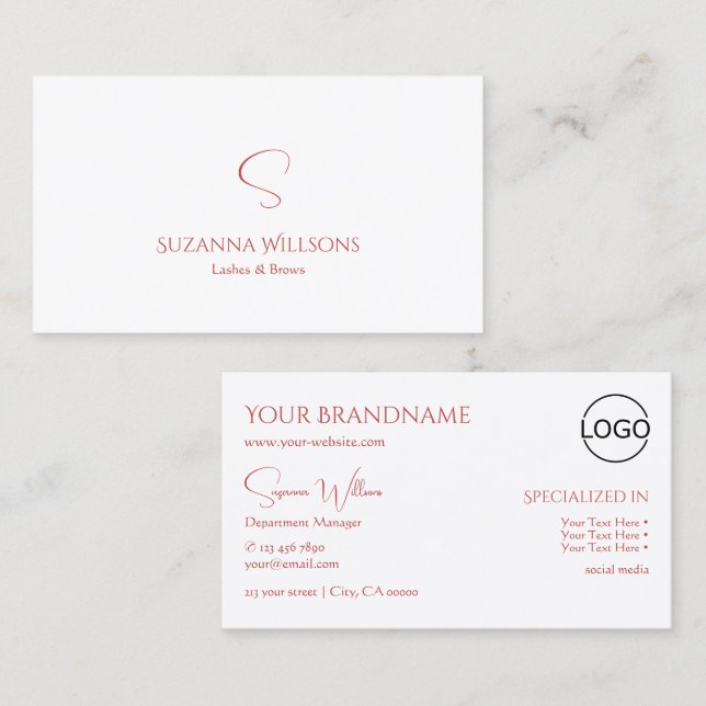 Classic Plain White Red with Monogram and Logo Business Card (Front/Back)