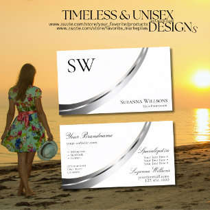 Classic Plain White Silver Decor with Monogram Business Card