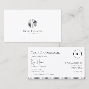 Classic Plain White Silver with Monogram and Logo Business Card