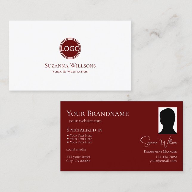 Classic Plain White Wine Red with Logo and Photo Business Card (Front/Back)
