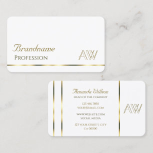 Classic Plain White with Gold Stripes and Monogram Business Card