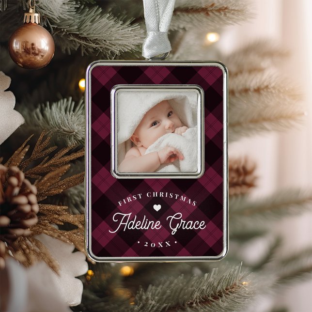 Classic Plum Plaid Baby's First Christmas Photo Silver Plated Framed Ornament (Creator Uploaded)