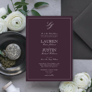 Classic Plum Purple Calligraphy Monogram Wedding Invitation