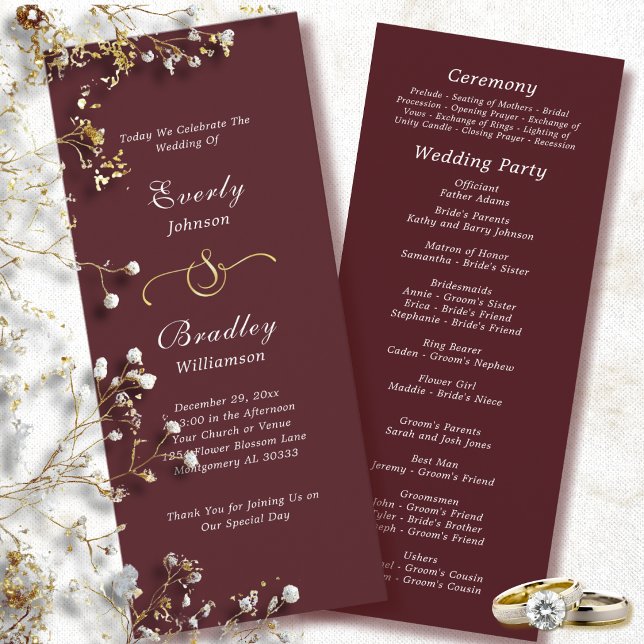 Classic Plum Red White Script Fall Winter Wedding  Programme (Creator Uploaded)