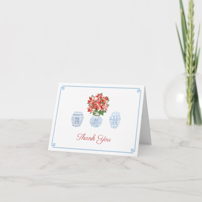 Classic Poinsettia Ginger Jars December Birthday Thank You Card (Front)