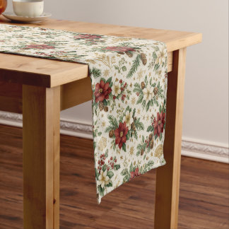 Classic Poinsettia Pine Christmas Botanical  Short Table Runner