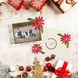 Classic Poinsettia Simple Family Photo Christmas Holiday Card<br><div class="desc">The beautiful,  simple,  design on this flat holiday card features my hand painted classic red Christmas poinsettia and an olive green frame for your family photo on an oatmeal coloured off white background and the message of your choice in a trendy,  modern font.</div>