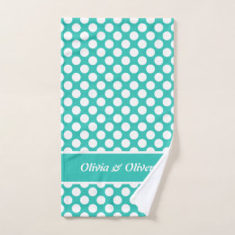 Classic Polka Dot Turquoise & White Custom Names Hand Towel
