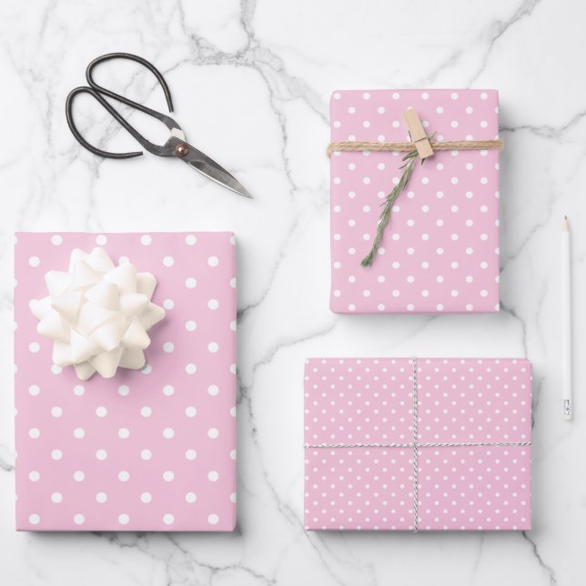 Classic Polka Dot White - Light Pink Wrapping Paper Sheet (Front)