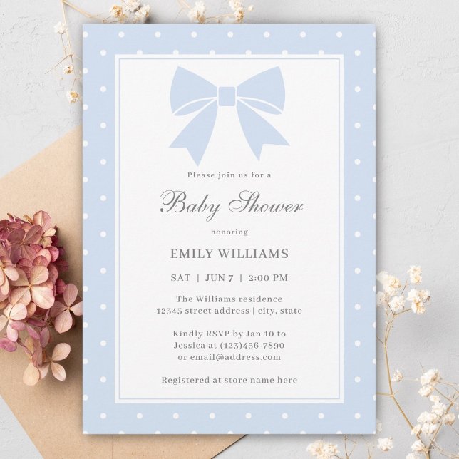 Classic Polka Dots Baby Blue Bow Boy Baby Shower Invitation (Creator Uploaded)