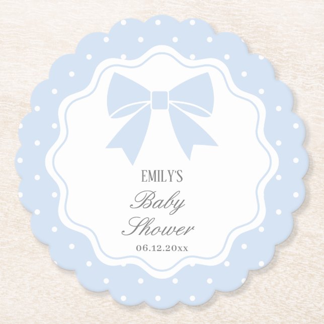 Classic Polka Dots Baby Blue Bow Boy Baby Shower Paper Coaster (Front)