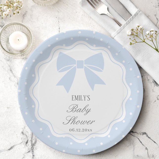 Classic Polka Dots Baby Blue Bow Boy Baby Shower Paper Plate (Creator Uploaded)